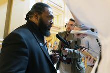 Rep. Marvin Robinson, D-Kansas City, explains why he switched his vote on a transgender athletes bill override following a vote in the House, Wednesday, April 5, 2023, in Topeka, Kan. (Evert Nelson/The Capital-Journal via AP)/The Topeka Capital-Journal via AP)