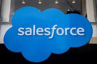 FILE PHOTO: The company logo for Salesforce.com is displayed on the Salesforce Tower in New York City, U.S., March 7, 2019. REUTERS/Brendan McDermid/File Photo  GLOBAL BUSINESS WEEK AHEAD