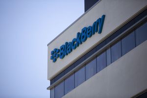 The Blackberry logo located in the front of the company's B building in Waterloo, Ont. on Tuesday, May 29, 2018. BlackBerry Ltd. says it's taking action to streamline costs, including cutting jobs, as part of the ongoing process to separate two of its business divisions. THE CANADIAN PRESS/Andrew Ryan