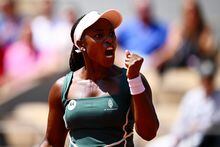 PARIS, FRANCE - MAY 29: Sloane A. Stephens of United States celebrates a point against Karolina Pliskova of Czech Republic during their Women's Singles First Round Match on Day Two of the 2023 French Open at Roland Garros on May 29, 2023 in Paris, France. (Photo by Clive Mason/Getty Images)