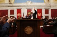West Virginia Gov. Jim Justice delivers his annual State of the State address in the House Chambers at the state capitol in Charleston, W.Va., on Wednesday, Jan. 11, 2023. (AP Photo/Chris Jackson)
