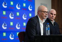 Vancouver Canucks general manager Patrik Allvin, front left, speaks as head coach Rick Tocchet listens during the NHL hockey team's end of season news conference, in Vancouver, on Monday, April 17, 2023. THE CANADIAN PRESS/Darryl Dyck
