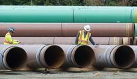 Pipeline pipes are seen at a Trans Mountain facility near Hope, B.C., Thursday, Aug. 22, 2019. THE CANADIAN PRESS/Jonathan Hayward