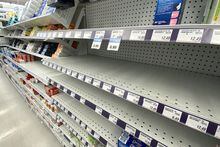 Empty shelves of children's pain relief medicine are seen at a Toronto pharmacy, Wednesday, August 17, 2022. The shortage of pediatric medication in Canada last year led to a spike of dosing errors in children in Ontario, new research shows. THE CANADIAN PRESS/Joe O'Connal