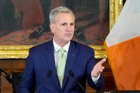 FILE - House Speaker Kevin McCarthy of Calif., speaks during a Friends of Ireland Caucus St. Patrick's Day luncheon at the U.S. Capitol, March 17, 2023, in Washington. Top Republicans, including some of former President Donald Trump’s potential rivals for the party’s nomination, rushed to his defense on Saturday after Trump said he is bracing for possible arrest. McCarthy said a possible indictment would be “an outrageous abuse of power by a radical DA who lets violent criminals walk as he pursues political vengeance" against Trump. (AP Photo/Alex Brandon, File)