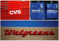 FILE PHOTO: The combination photo shows a logo of CVS in Manhattan, New York, U.S., August 1, 2016, re-usable Walmart bags in a newly opened Walmart Neighborhood Market in Chicago September 21, 2011 and a Walgreens sign in the Chicago suburb of Niles, Illinois, February 10, 2015. REUTERS/Andrew Kelly/Jim Young