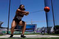 Camryn Rogers, of Canada, competes during qualifying for the women's hammer throw at the World Athletics Championships Friday, July 15, 2022, in Eugene, Ore. (AP Photo/David J. Phillip)