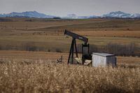 A decommissioned pumpjack is shown at a wellhead on an oil and gas installation near Cremona, Alta., Saturday, Oct. 29, 2016. A new report from the University of Calgary says the costs of Alberta's growing stock of abandoned and inactive oil and gas wells are falling unfairly on landowners and taxpayers. THE CANADIAN PRESS/Jeff McIntosh