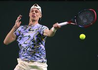 INDIAN WELLS, CALIFORNIA - MARCH 10: Denis Shapovalov of Canada hits a forehand in his straight set loss to Ugo Humbert of France during the BNP Parisbas at the Indian Wells Tennis Garden on March 10, 2023 in Indian Wells, California. (Photo by Harry How/Getty Images)
