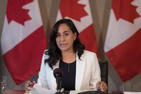 Minister of National Defence Anita Anand speaks on the next steps in the Canadian Armed Forces efforts to support Ukraine, during a press conference in Toronto, on Thursday, August 4, 2022.&nbsp;Anand says she has met with allies to discuss reinforcing a NATO battlegroup in Latvia with thousands more soldiers, even as uncertainty swirls around what more this country can actually provide. THE CANADIAN PRESS/Tijana Martin