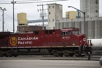 A Canadian Pacific sits in a rail yard in Calgary, AB on 08 Aug, 2021. Canadian Pacific Railway Ltd. renewed the battle for Kansas City Southern on Tuesday with a new bid that is cheaper than Canadian National Railway Co.’s but offers what the Calgary railroad says is greater assurance its deal will win regulatory approval.