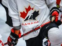 Canadian team captain Berkly Catton scored twice in a 5-0 blanking of Switzerland at the Hlinka Gretzky Cup on Wednesday. A Hockey Canada logo is shown on the jersey of a player with Canada’s National Junior Team during a training camp practice in Calgary, Alta., Tuesday, Aug. 2, 2022. THE CANADIAN PRESS/Jeff McIntosh
