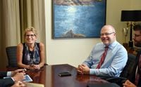 Andrew Bevan (LIGHT BLUE SHIRT, RIGHT), Premier Kathleen Wynne's Chief of Staff is pictured during a photo op with Toronto Mayor John Tory at the Ontario legislature on Sept 7 2016. (Fred Lum/The Globe and Mail)