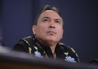Assembly of First Nations (AFN) National Chief Perry Bellegarde is joined by First Nations leaders as they discuss the current situation and actions relating to the Wet'suwet'en hereditary chiefs during a press conference at the National Press Theatre in Ottawa on February 18, 2020. THE CANADIAN PRESS/Sean Kilpatrick