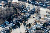 An aerial view of flooding in downtown Fort McMurray is seen on April 28, 2020.