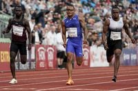 From left, Benjamin Azamati from Ghana, Andre De Grasse from Canada and Akani Simbine from South Africa compete in the men's 100 meters race during the Diamond League Bislett Games, in Oslo, Norway, Thursday, June 16, 2022. (Stian Lysberg Solum/NTB Scanpix via AP)