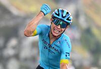 Miguel Angel Lopez crosses the finish line to win stage 17 of the Tour de France in Meribel, France, on Sept. 16, 2020.