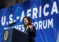 FILE PHOTO: U.S. Secretary of Commerce Gina Raimondo addresses a U.S.-Africa Business forum at the 2022 U.S.-Africa Leaders Summit in Washington, U.S., December 14, 2022. REUTERS/Kevin Lamarque/File Photo