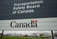 The wreckage of a plane that may be decades old has been found south of Kamloops, B.C. Transportation Safety Board of Canada (TSB) signage is pictured outside TSB offices in Ottawa on Monday, May 1, 2023. THE CANADIAN PRESS/Sean Kilpatrick
