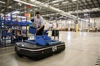Clearpath, a robotics company,  pics in the warehouse for Supply Chain series.
Product photos include the OTTO self-driving vehicles. The large one is the OTTO 1500, designed for heavy-load material transport. The smaller one is the OTTO 100, designed for light-load material transport.