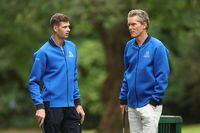 VANCOUVER, BRITISH COLUMBIA - SEPTEMBER 19: (L-R) Hubert Hurkacz and Vice Captain Thomas Enqvist and of Team Europe play golf at Stanley Park Pitch & Putt ahead of the Laver Cup at Rogers Arena on September 19, 2023 in Vancouver, British Columbia. (Photo by Matthew Stockman/Getty Images for Laver Cup)