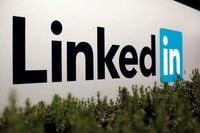 FILE PHOTO: The logo for LinkedIn Corporation, a social networking networking website for people in professional occupations, is shown in Mountain View, California February 6, 2013.  REUTERS/Robert Galbraith