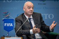 FIFA President Gianni Infantino speaks during an event entitled "Making trade score for women!", a discussion on football as a tool for trade and development at the WTO headquarters in Geneva, on May 1, 2023. (Photo by Fabrice COFFRINI / AFP) (Photo by FABRICE COFFRINI/AFP via Getty Images)