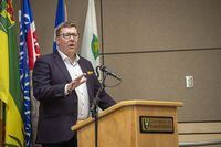 Premier Scott Moe speaks during a media event, on the University of Saskatchewan campus in Saskatoon, Tuesday, June 28, 2022. All large emitters in Saskatchewan will soon be exempt from the federal carbon tax after Ottawa approved the province's proposed carbon-pricing system.THE CANADIAN PRESS/Liam Richards
