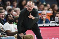 Toronto Raptors coach Nick Nurse gestures during the first half of the team's NBA basketball game against the Charlotte Hornets in Charlotte, N.C., Tuesday, April 4, 2023. (AP Photo/Jacob Kupferman)