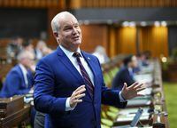 Conservative MP and former Conservative leader Erin O’Toole is given a standing ovation as he delivers his final speech in the House of Commons on Parliament Hill in Ottawa, Monday, June 12, 2023. THE CANADIAN PRESS/Sean Kilpatrick