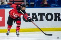 Canada defence Laura Fortino passes the puck during second period of 2018 Four Nations Cup preliminary game against Finland, in Saskatoon, Friday, Nov. 9, 2018. THE CANADIAN PRESS/Liam Richards