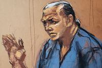 A courtroom sketch depicts Cesar Sayoc, 57, as he enters his plea before U.S. District Judge Jed Rakoff in Manhattan federal court on charges related to the mailing of bombs to prominent Democrats and other critics of U.S. President Donald Trump on March 21, 2019.