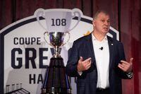 CFL commissioner Randy Ambrosie delivers his state of the league media address at the Hamilton Convention Centre during the CFL's Grey Cup week in Hamilton, Ontario on Friday, December 10, 2021. The Hamilton Tiger-Cats will play the Winnipeg Blue Bombers in the 108th Grey Cup on Sunday. THE CANADIAN PRESS/Nick Iwanyshyn