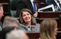 Alberta Premier Danielle Smith listens to the throne speech delivered by Lt.-Gov Salma Lakhani in Edmonton on Monday October 30, 2023. THE CANADIAN PRESS/Jason Franson
