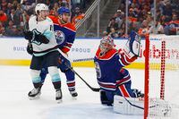 Oct 7, 2022; Edmonton, Alberta, CAN; Edmonton Oilers goaltender Jack Campbell (36) makes a save on  a shot by Seattle Kraken forward Andre Burakovsky (95) (not shown) during the second period at Rogers Place. Mandatory Credit: Perry Nelson-USA TODAY Sports