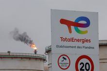 FILE PHOTO: The logo of French oil and gas company TotalEnergies is seen at TotalEnergies fuel depot in Mardyck, near Dunkerque, France, March 7, 2023. REUTERS/Pascal Rossignol/File Photo
