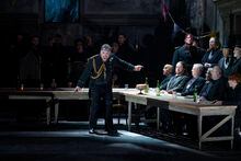 0595 – (l-r) Quinn Kelsey as Macbeth and Önay Köse as Banquo (covered in blood) as Lady Macbeth in the Canadian Opera Company’s new production of Macbeth, 2023. Conductor Speranza Scappucci, director Sir David McVicar, set designer John Macfarlane, costume designer Moritz Junge, lighting designer David Finn, choreographer Andrew George, revival choreographer Julia Aplin, fight director Nick Sandys, and intimacy director Siobhan Richardson. Photo: Michael Cooper 