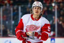 Feb 16, 2023; Calgary, Alberta, CAN; Detroit Red Wings left wing Tyler Bertuzzi (59) during the third period against the Calgary Flames at Scotiabank Saddledome. Mandatory Credit: Sergei Belski-USA TODAY Sports