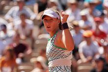 PARIS, FRANCE - JUNE 01: Mirra Andreeva celebrates winning match point against Diane Parry of France during the Women's Singles Second Round match on Day Five of the 2023 French Open at Roland Garros on June 01, 2023 in Paris, France. (Photo by Clive Brunskill/Getty Images)
