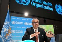 World Health Organization (WHO) chief Tedros Adhanom Ghebreyesus speaks during a press conference on the World Health Organization's 75th anniversary in Geneva, on April 6, 2023. (Photo by Fabrice COFFRINI / AFP) (Photo by FABRICE COFFRINI/AFP via Getty Images)