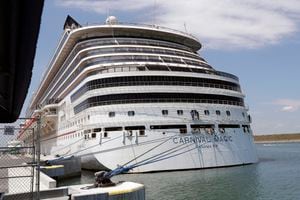The Carnival cruise line ship Carnival Magic sits docked on April, 2020, in Cape Canaveral, Fla.