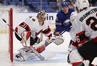 Feb 17, 2022; Buffalo, New York, USA;  Ottawa Senators goaltender Anton Forsberg (31) looks for the puck during the second period against the Buffalo Sabres at KeyBank Center. Mandatory Credit: Timothy T. Ludwig-USA TODAY Sports