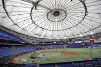 Members of the Tampa Bay Rays take batting practice at Tropicana Field before a baseball game against the Toronto Blue Jays Friday, July 24, 2020, in St. Petersburg, Fla. (AP Photo/Chris O'Meara)