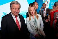 UN Secretary General Antonio Guterres, left, and Italian Premier Giorgia Meloni arrive for the opening session of a three-day U.N. Food and Agriculture Agency's summit on food systems in Rome, Monday, July 24, 2023. (AP Photo/Andrew Medichini)