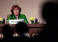 Special Representative of the United Nations Secretary-General for International Migration Louise Arbour speaks during a press briefing after the closing session of UN Migration Conference in Marrakech, Morocco, Tuesday, Dec. 11, 2018. THE CANADIAN PRESS/AP-Mosa'ab Elshamy