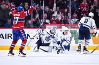 Josh Anderson of the Montreal Canadiens celebrates his goal during the third period against the Toronto Maple Leafs at Centre Bell on October 12, 2022 in Montreal.   (Photo by Minas Panagiotakis/Getty Images)
