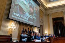 FILE PHOTO: An image of Jessica Watkins, who is facing charges related to Jan. 6, is displayed along with her audio during a public hearing of the U.S. House Select Committee to investigate the January 6 Attack on the U.S. Capitol, on Capitol Hill in Washington, U.S., October 13, 2022. Andrew Harnik/Pool via REUTERS/File Photo