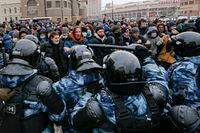 People clash with police during a protest against the jailing of opposition leader Alexey Navalny, in Moscow, on Jan. 31, 2021.