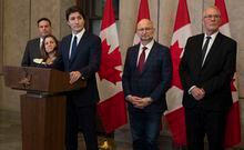Public Safety Minister Marco Mendicino, Deputy Prime Minister and Finance Minister Chrystia Freeland, Prime Minister Justin Trudeau, THE CANADIAN PRESS/Adrian Wyld