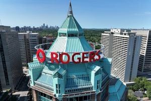 The Rogers Building, the green-topped corporate campus of Canadian media conglomerate Rogers Communications is seen in downtown Toronto on July 9, 2022.
